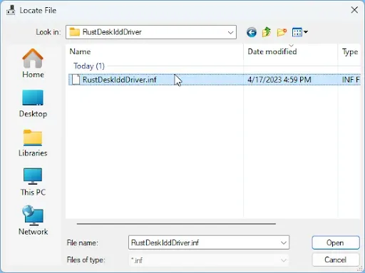 Figure 8.  Open file "RustDesklddDriver.inf"