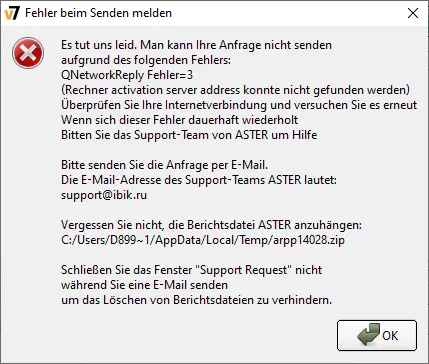 Fehler beim Senden der Anfrage an den technischen Support