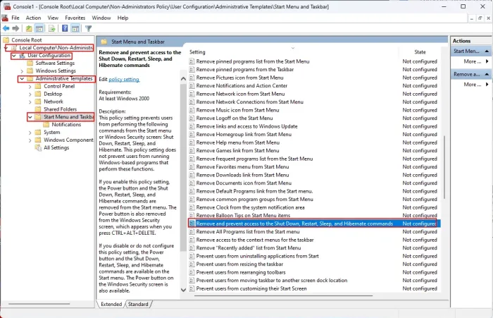 Choose “Remove and prevent access to the Shutdown, Restart, Sleep, and Hibernate commands”